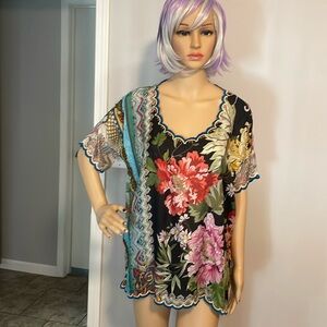 Johnny Was Loden  Floral Silk Print Top XS